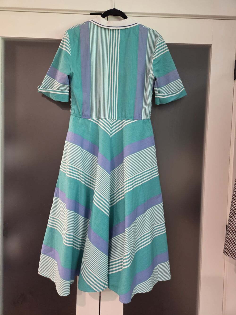 Vtg 80s Melissa Lane Striped Midi Dress Size 8 Teal Blue Chevron Pockets Cotton - Picture 2 of 14